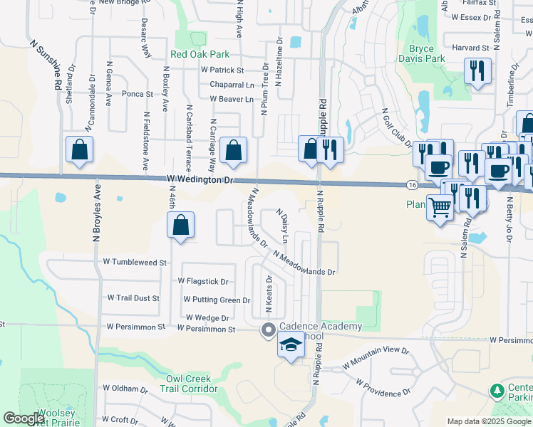 map of restaurants, bars, coffee shops, grocery stores, and more near 985 North Daisy Lane in Fayetteville