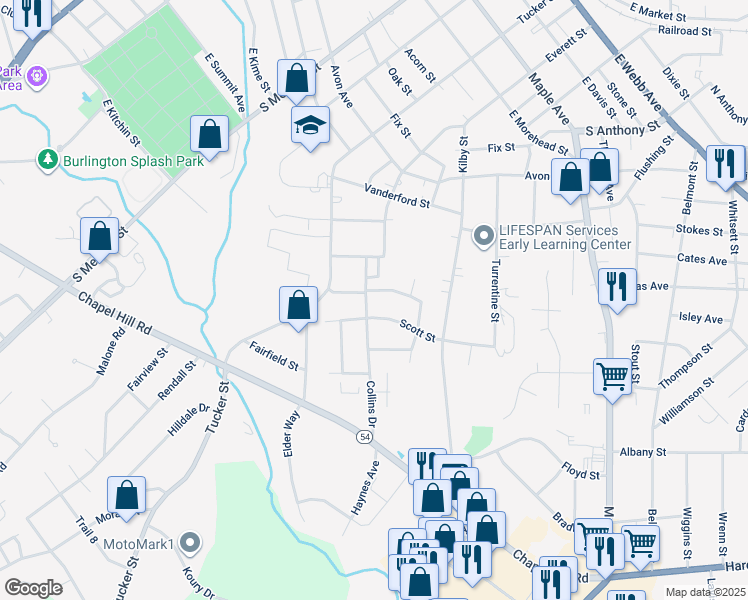 map of restaurants, bars, coffee shops, grocery stores, and more near 1303 Collins Drive in Burlington