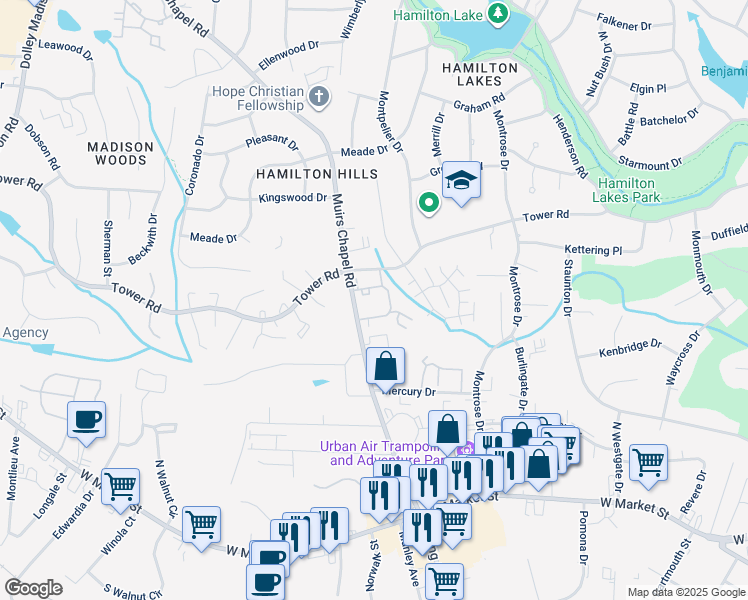 map of restaurants, bars, coffee shops, grocery stores, and more near 4757 Champion Court in Greensboro