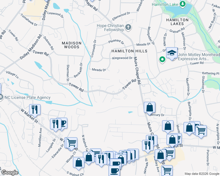 map of restaurants, bars, coffee shops, grocery stores, and more near 4915 Tower Road in Greensboro