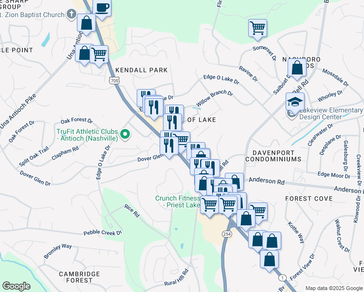 map of restaurants, bars, coffee shops, grocery stores, and more near 2570 Murfreesboro Pike in Nashville