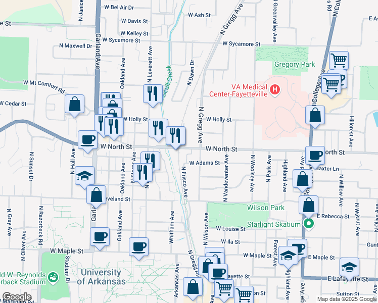map of restaurants, bars, coffee shops, grocery stores, and more near 626 West Adams Street in Fayetteville