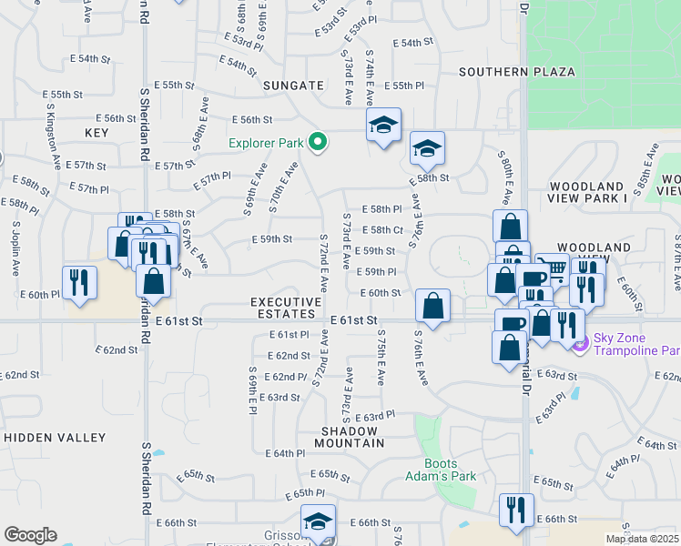 map of restaurants, bars, coffee shops, grocery stores, and more near 5944 South 73rd East Avenue in Tulsa