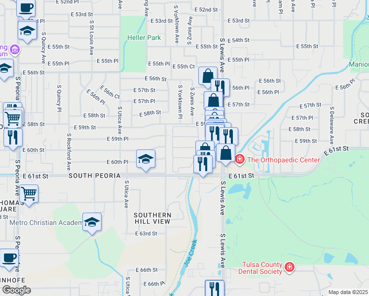 map of restaurants, bars, coffee shops, grocery stores, and more near 2130 East 60th Place in Tulsa