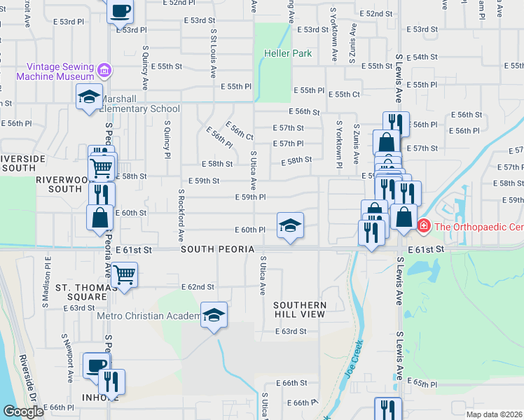 map of restaurants, bars, coffee shops, grocery stores, and more near 1597 East 60th Place in Tulsa