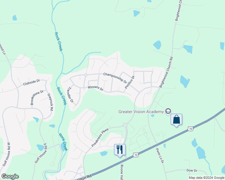 map of restaurants, bars, coffee shops, grocery stores, and more near 699 Affirmed Drive in Whitsett