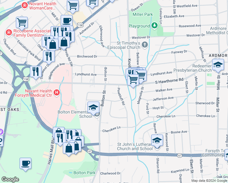 map of restaurants, bars, coffee shops, grocery stores, and more near 2737 Wildwood Court in Winston-Salem