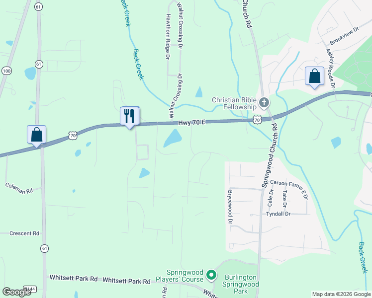 map of restaurants, bars, coffee shops, grocery stores, and more near 109 Frissell Road in Whitsett
