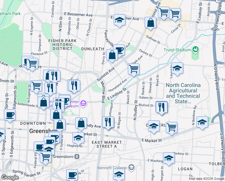 map of restaurants, bars, coffee shops, grocery stores, and more near in Greensboro