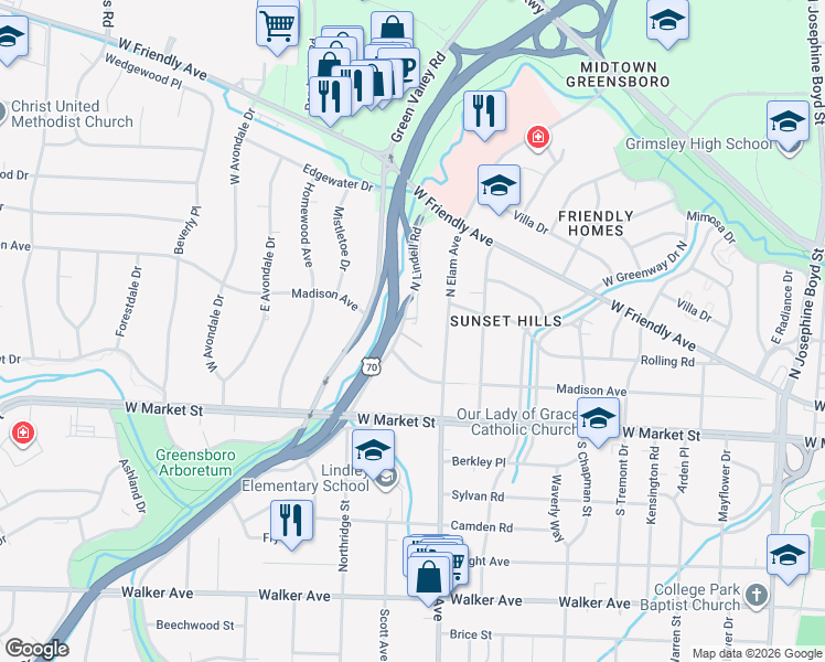 map of restaurants, bars, coffee shops, grocery stores, and more near 209 North Elam Avenue in Greensboro