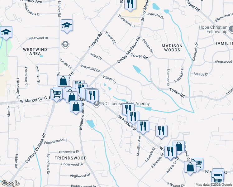 map of restaurants, bars, coffee shops, grocery stores, and more near 117 Village Lane in Greensboro