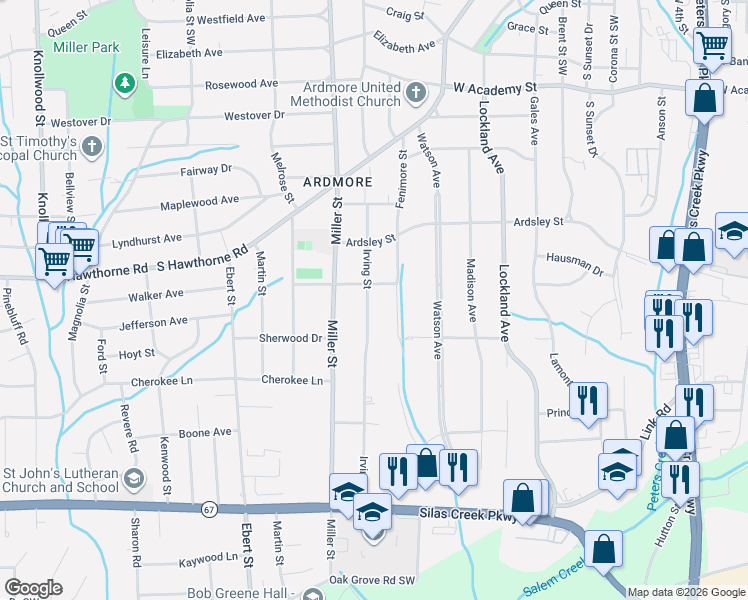 map of restaurants, bars, coffee shops, grocery stores, and more near 1124 Irving Street in Winston-Salem