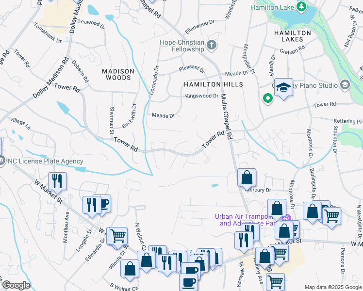 map of restaurants, bars, coffee shops, grocery stores, and more near 4915 Tower Road in Greensboro