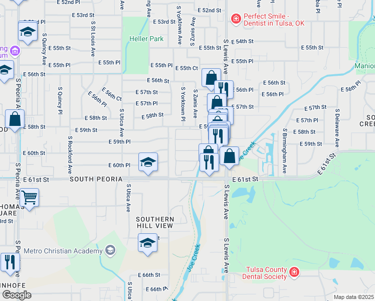 map of restaurants, bars, coffee shops, grocery stores, and more near 2130 East 60th Place in Tulsa