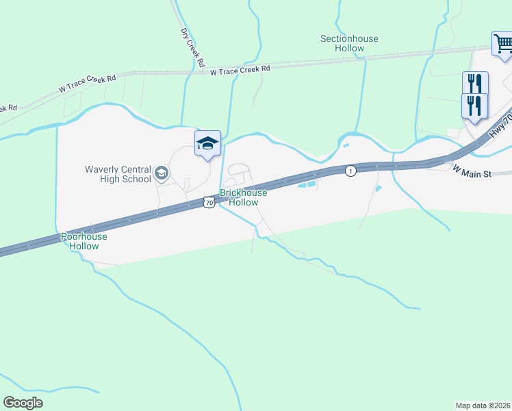 map of restaurants, bars, coffee shops, grocery stores, and more near Ulcer Hollow Road in Waverly