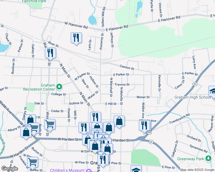 map of restaurants, bars, coffee shops, grocery stores, and more near 109 Travora Street in Graham