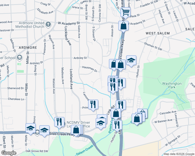 map of restaurants, bars, coffee shops, grocery stores, and more near 1724 Camden Road in Winston-Salem