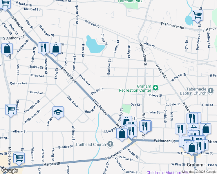 map of restaurants, bars, coffee shops, grocery stores, and more near 629 Border Street in Graham