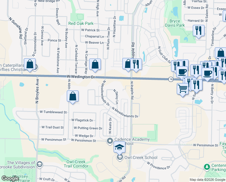 map of restaurants, bars, coffee shops, grocery stores, and more near 959 North Daisy Lane in Fayetteville