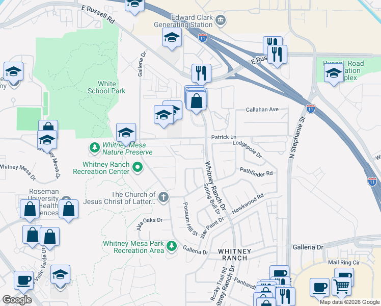 map of restaurants, bars, coffee shops, grocery stores, and more near 981 Whitney Ranch Drive in Henderson