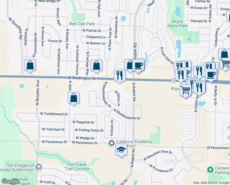 map of restaurants, bars, coffee shops, grocery stores, and more near 959 North Daisy Lane in Fayetteville