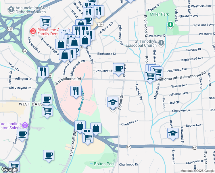 map of restaurants, bars, coffee shops, grocery stores, and more near 2839 Hermitage Drive in Winston-Salem