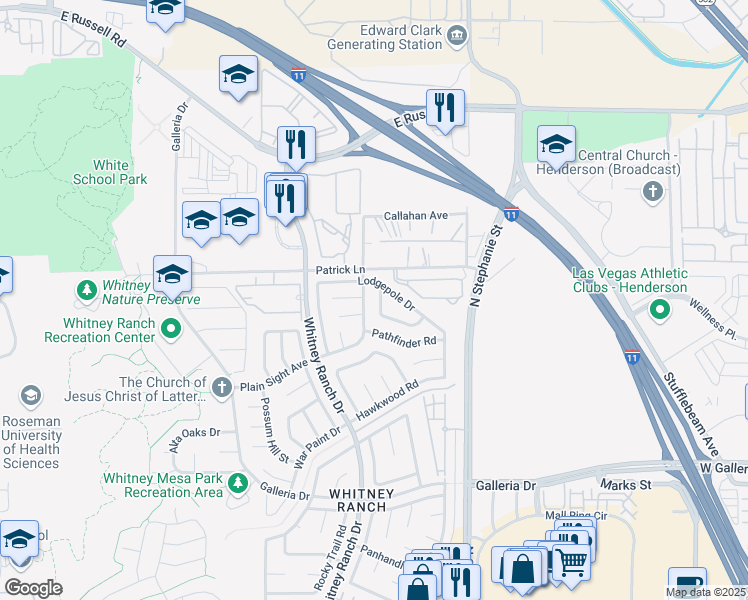 map of restaurants, bars, coffee shops, grocery stores, and more near 1442 Lodgepole Drive in Henderson