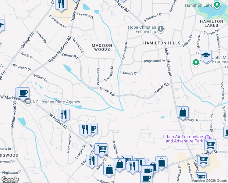 map of restaurants, bars, coffee shops, grocery stores, and more near 5004 Tower Road in Greensboro