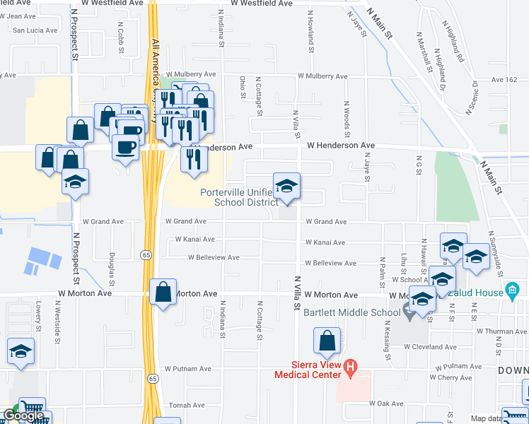 map of restaurants, bars, coffee shops, grocery stores, and more near 621 Village Green Street in Porterville