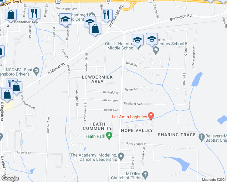 map of restaurants, bars, coffee shops, grocery stores, and more near 3817 Central Avenue in Greensboro