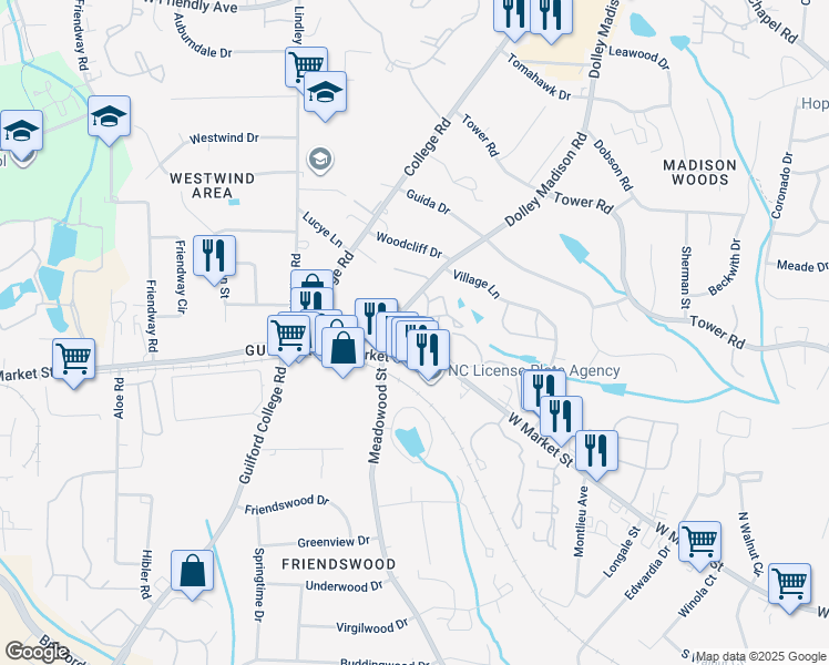 map of restaurants, bars, coffee shops, grocery stores, and more near 5656 West Market Street in Greensboro