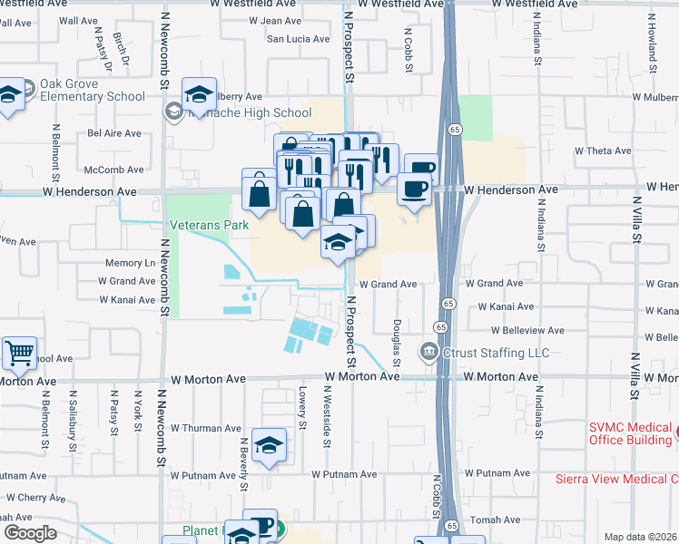 map of restaurants, bars, coffee shops, grocery stores, and more near 645 North Prospect Street in Porterville