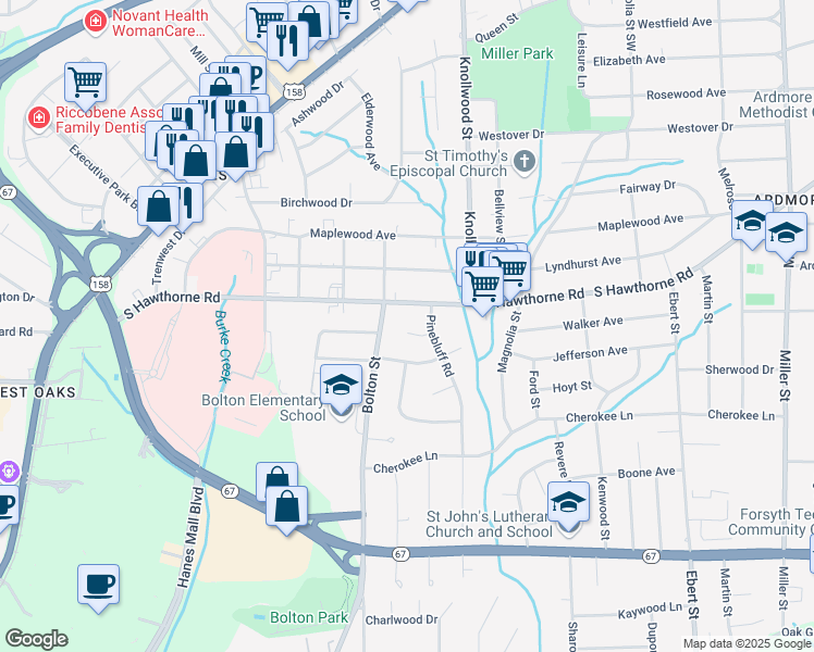 map of restaurants, bars, coffee shops, grocery stores, and more near 2743 Wildwood Court in Winston-Salem