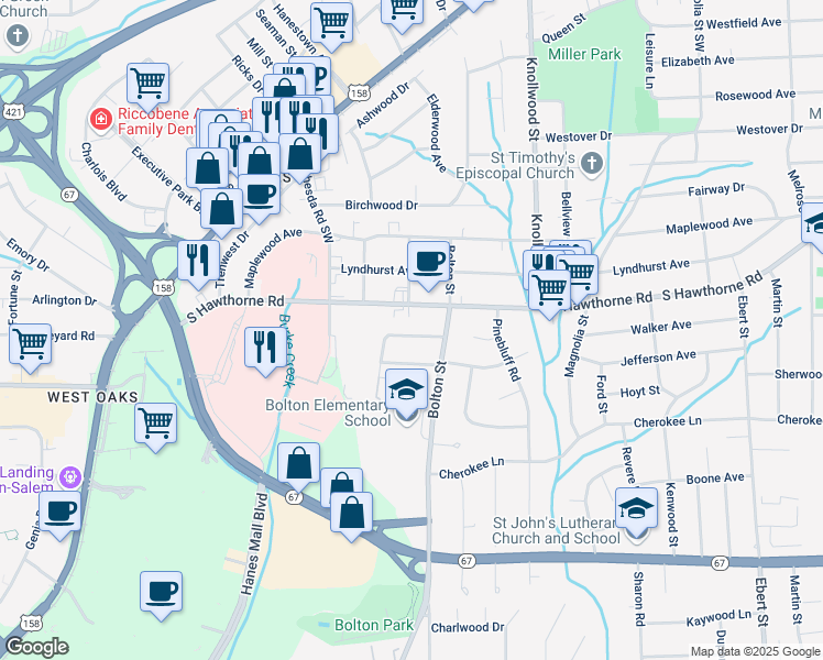 map of restaurants, bars, coffee shops, grocery stores, and more near 2819 Hermitage Drive in Winston-Salem