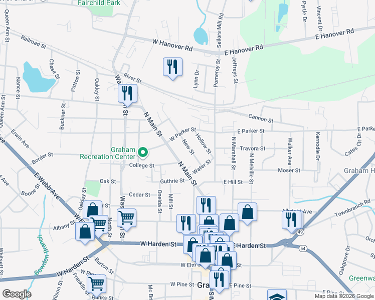 map of restaurants, bars, coffee shops, grocery stores, and more near 629 New Street in Graham