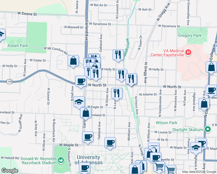 map of restaurants, bars, coffee shops, grocery stores, and more near 1137 North Leverett Avenue in Fayetteville
