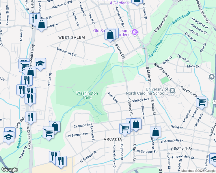 map of restaurants, bars, coffee shops, grocery stores, and more near 263 Bond Street in Winston-Salem