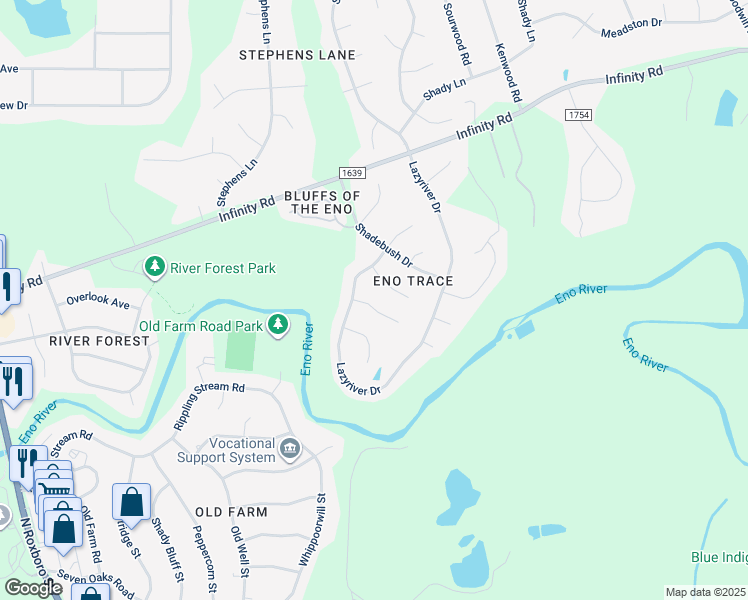 map of restaurants, bars, coffee shops, grocery stores, and more near 7 Round Spring Lane in Durham