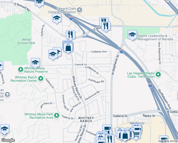 map of restaurants, bars, coffee shops, grocery stores, and more near 1442 Lodgepole Drive in Henderson