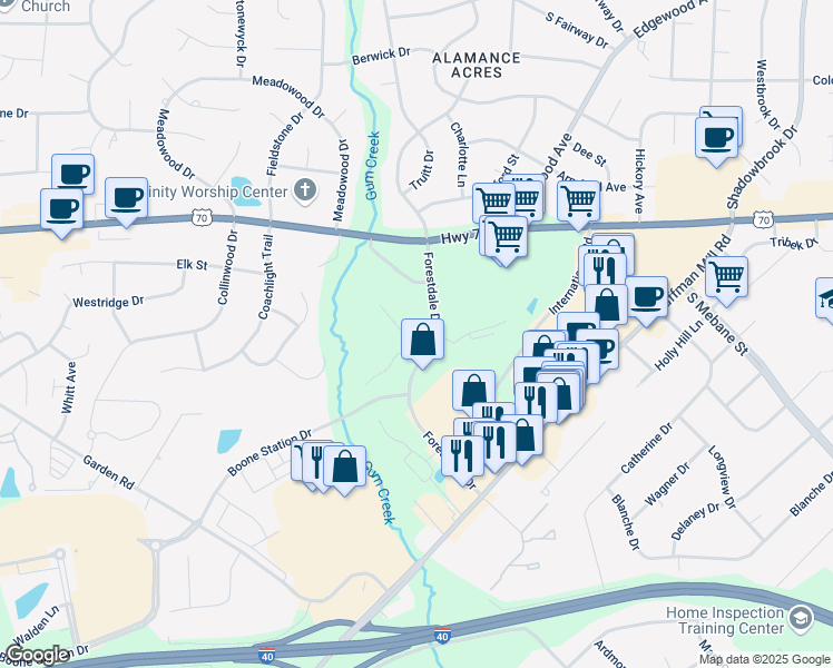 map of restaurants, bars, coffee shops, grocery stores, and more near 3111 Commerce Place in Burlington