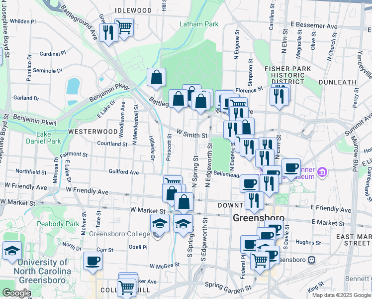 map of restaurants, bars, coffee shops, grocery stores, and more near 425 North Cedar Street in Greensboro
