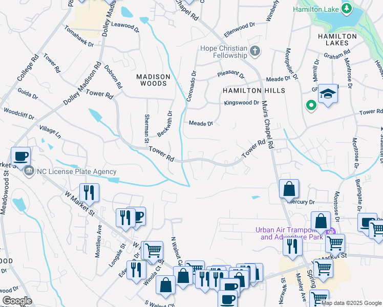 map of restaurants, bars, coffee shops, grocery stores, and more near 4817 Ferncrest Drive in Greensboro
