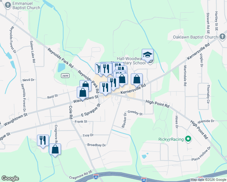 map of restaurants, bars, coffee shops, grocery stores, and more near 3011 Waughtown St in Winston-Salem
