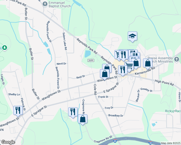 map of restaurants, bars, coffee shops, grocery stores, and more near 2809 Reid Street in Winston-Salem