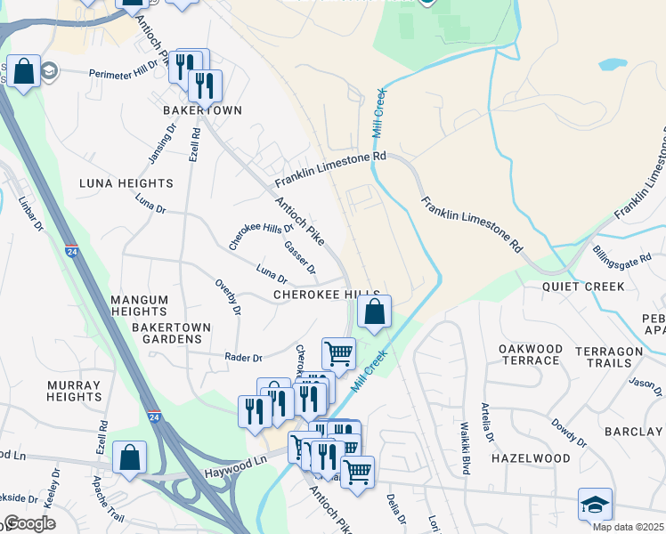 map of restaurants, bars, coffee shops, grocery stores, and more near 1533 Antioch Pike in Nashville