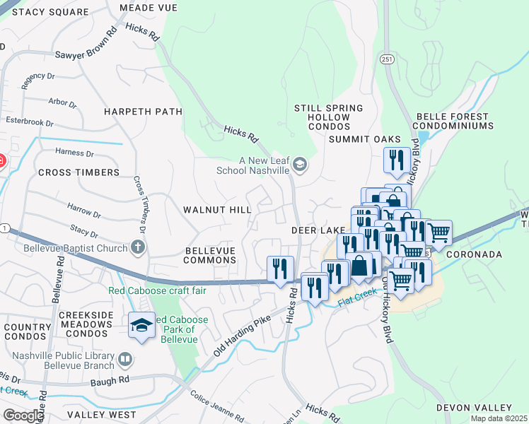 map of restaurants, bars, coffee shops, grocery stores, and more near 801 Club Parkway in Nashville