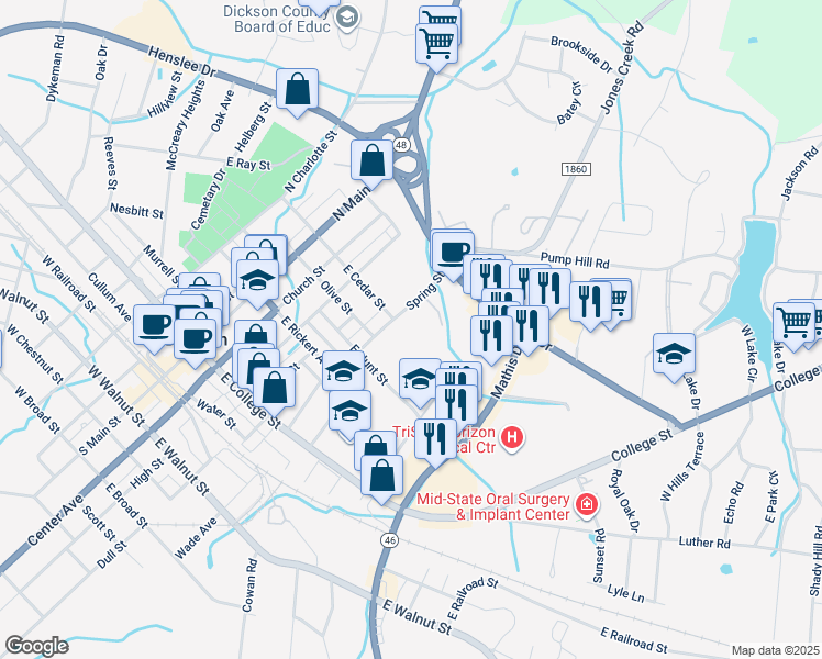 map of restaurants, bars, coffee shops, grocery stores, and more near 411 East Cedar Street in Dickson