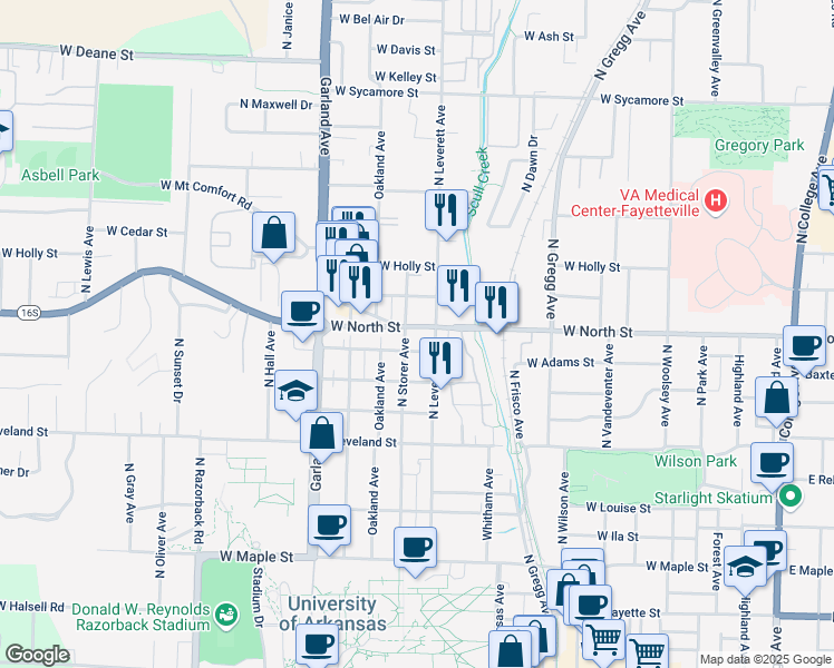 map of restaurants, bars, coffee shops, grocery stores, and more near 1137 North Leverett Avenue in Fayetteville