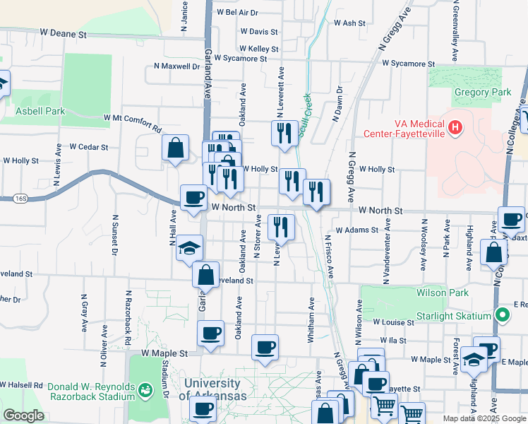 map of restaurants, bars, coffee shops, grocery stores, and more near 1137 North Leverett Avenue in Fayetteville