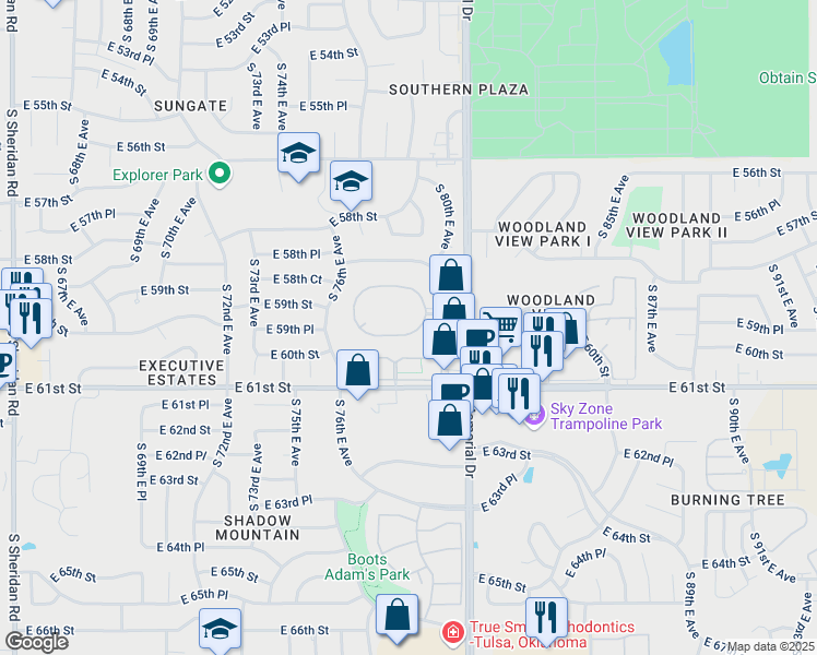 map of restaurants, bars, coffee shops, grocery stores, and more near 7939 East 59th Place in Tulsa